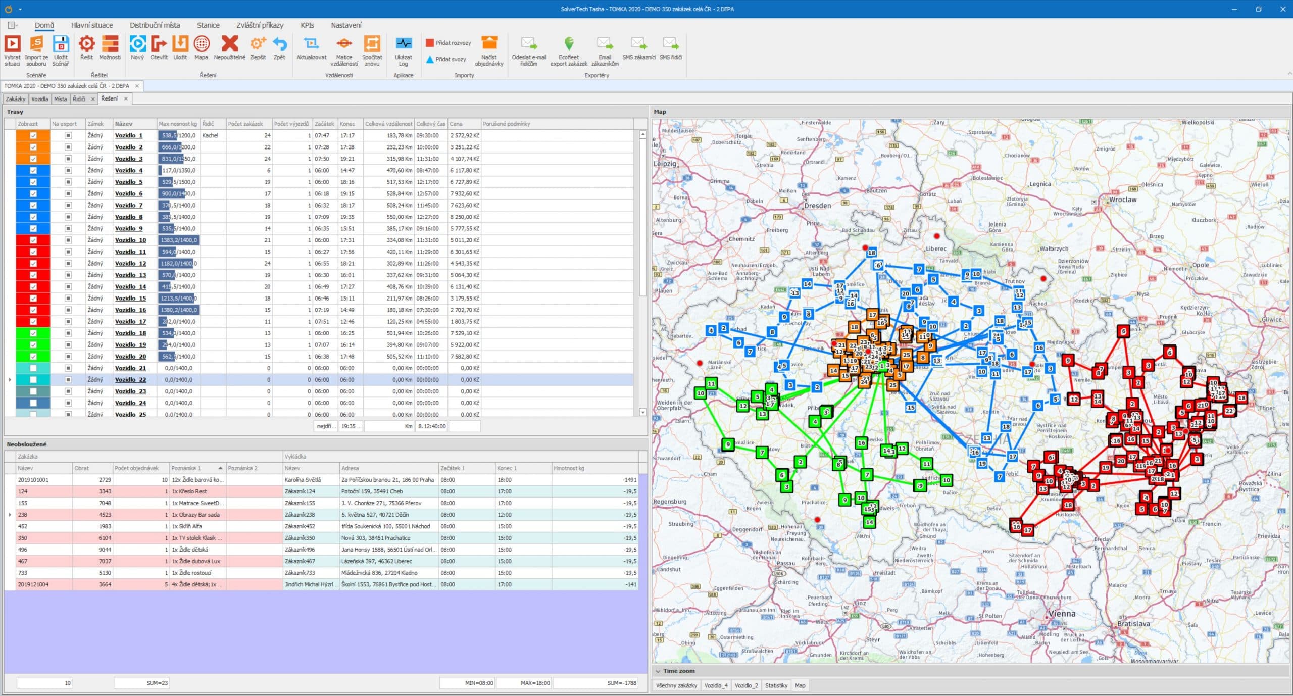 ukázka programu Tasha - mapa s trasami a seznam tras